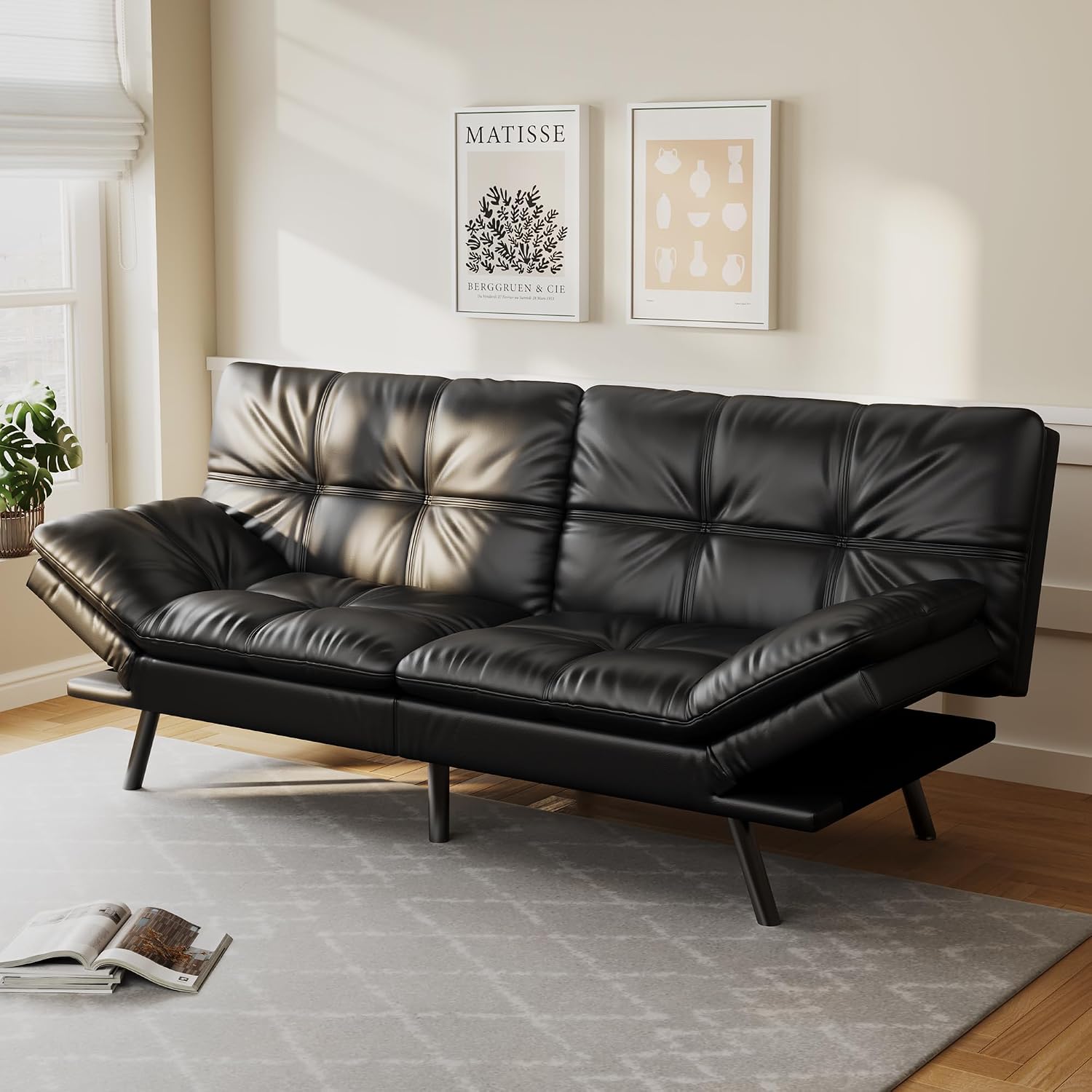 Opoiar 71' L Covertible Futon Sofa Bed,Faux Leather Futon Couch, Memory Foam Modern Loveseat Sleeper, Small Splitback Sofa Couches for Living Room,RV,Home Office,Apartment,Black