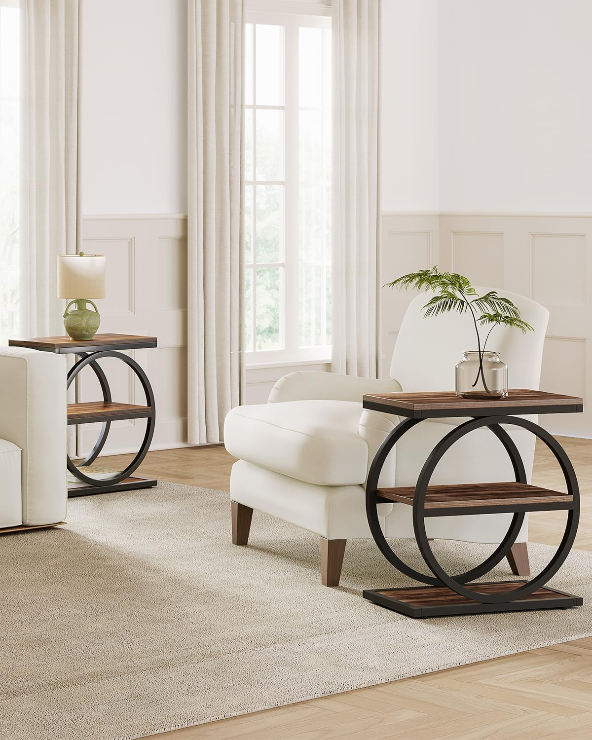 LITTLE TREE End Table Set 2, Side Table with 3 Tiers Shelves, Slim Sofa Side Table for Living Room, Tall Bedside Table Nightstand for Bedroom, Rustic Brown and Black