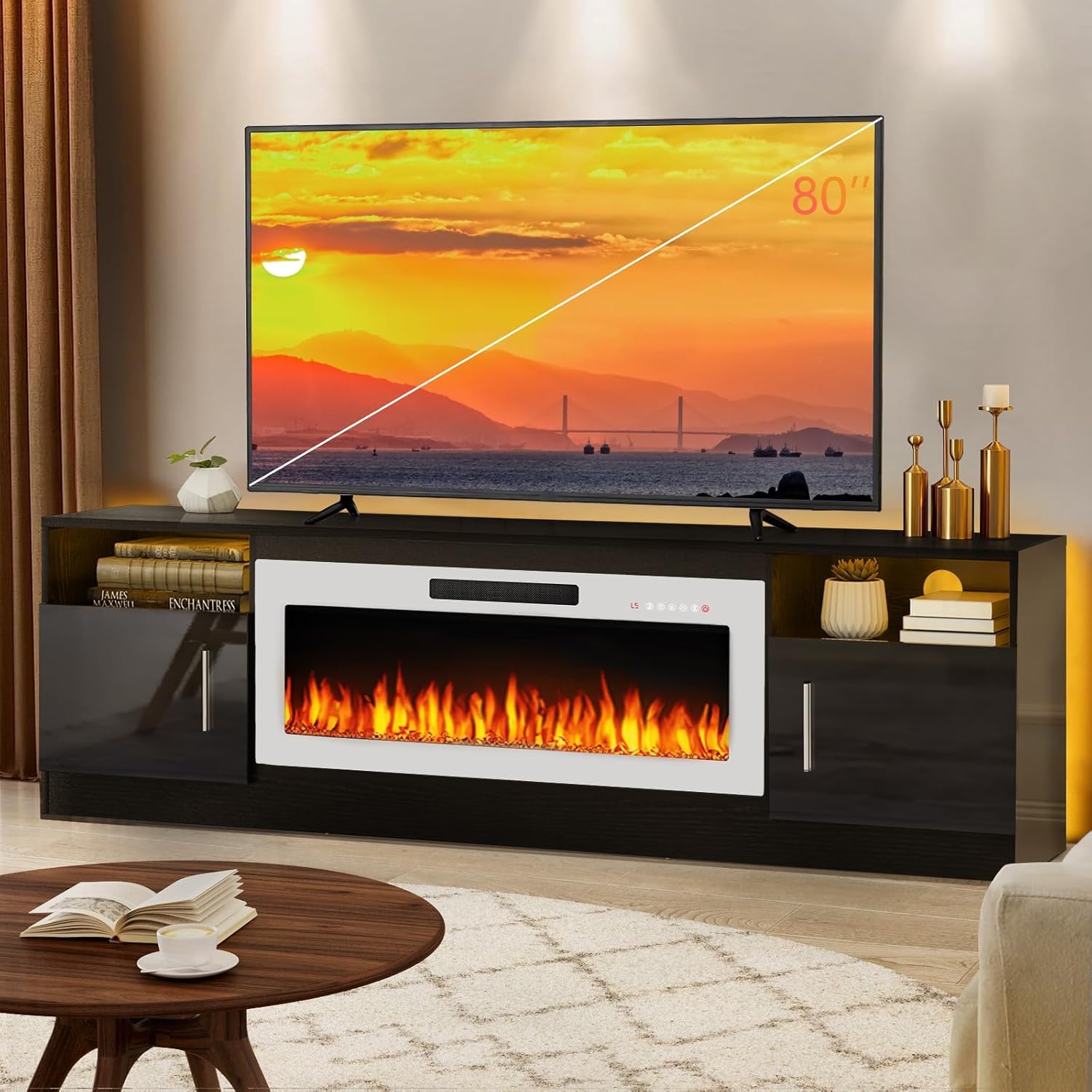 Lemberi Fireplace tv Stand with 36 inch White Fireplace Up to 80' TVs,LED Light Entertainment Center and Storage, 70' Modern Wood Media TV Console with Highlight Cabinet for Living Room