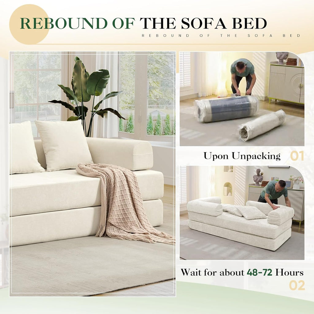 Deolme 3 in 1 Convertible Futon Sofa Bed, Modern King Size Chenille Loveseat Sleeper Sofa Folding, 3-Seater Foldable Lounger Couch Bed for Living Room, Bedroom Guest Room (Beige, 3 Throw Pillows)