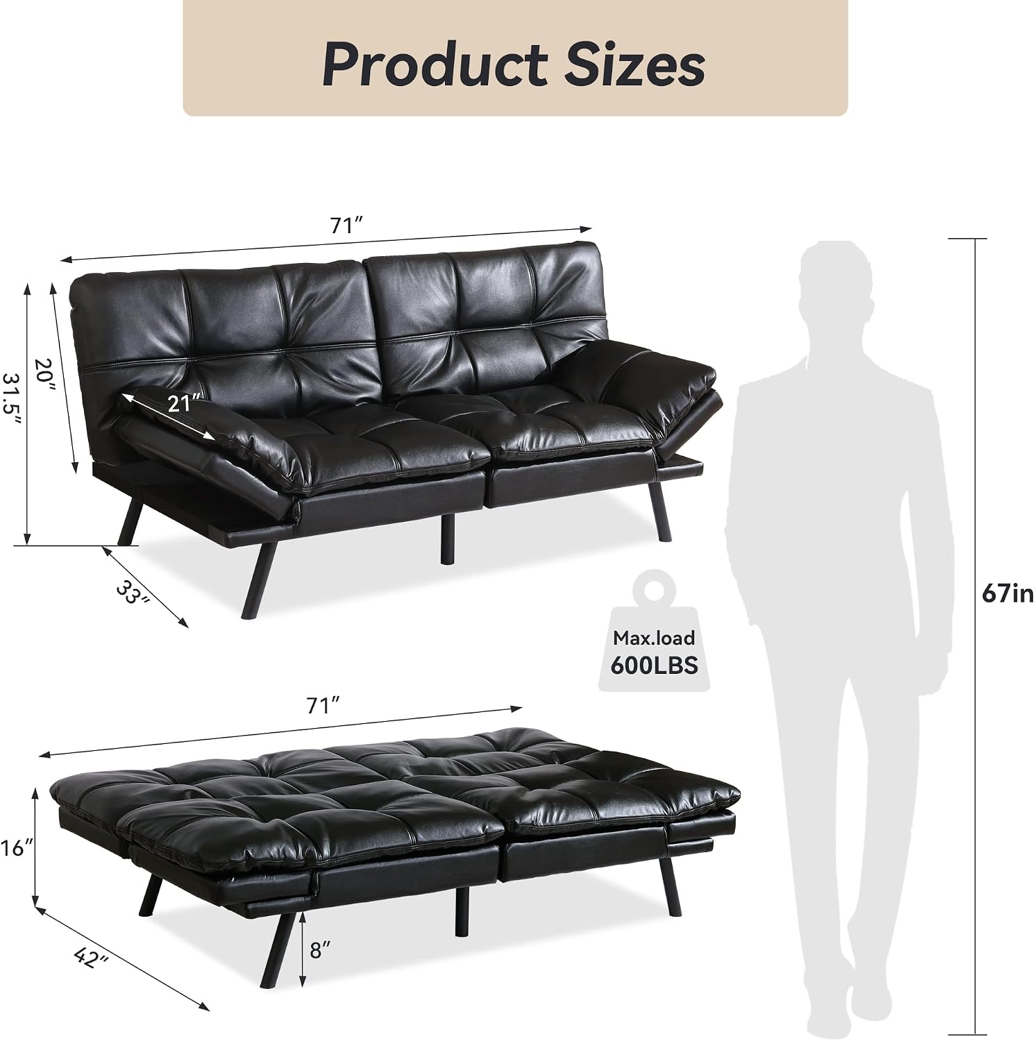 71' Convertible Futon Sofa Bed,Bright Black Faux Leather Futon Couch,Memory Foam Reclining Sleeper Sofa Bed,Modern Folding Small Loveseat Couches for Living Room,Office,Apartment