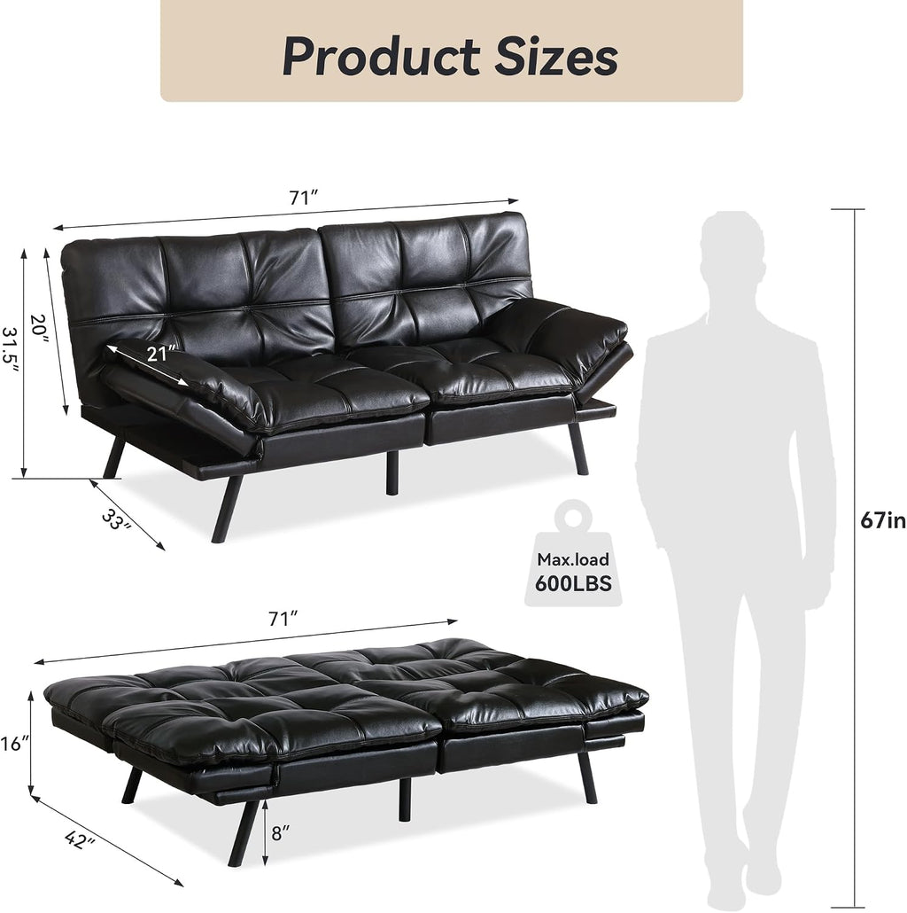 Convertible Faux Leather Futon Sofa Bed,Memory Foam Futon Couch,Small Splitback Modern Folding Loveseat Sleeper Sofa Couches for Living Room,Office,Apartment,Classic Black