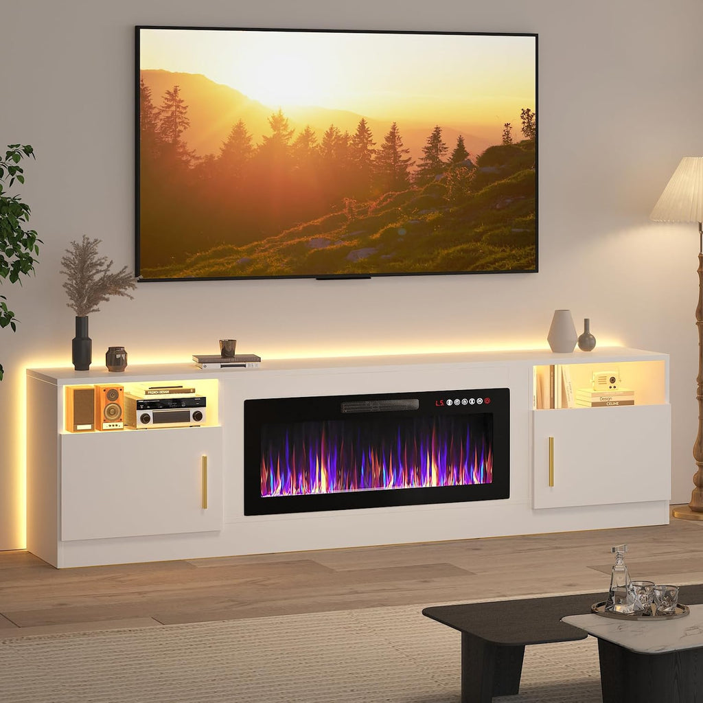 Lemberi Fireplace tv Stand with 36 inch Fireplace Up to 90' TVs, LED Light Entertainment Center and Storage, 80' Modern Wood Media TV Console with Highlight Cabinet for Living Room (White)
