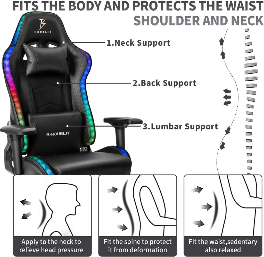 RGB Gaming Chair with Bluetooth Speakers Ergonomic Full Massage Video Game Chairs Lumbar Support 4D Armrests PU Leather Gamer Chair Recliner Chair High Back Computer Chair for Adults Teens,Blac