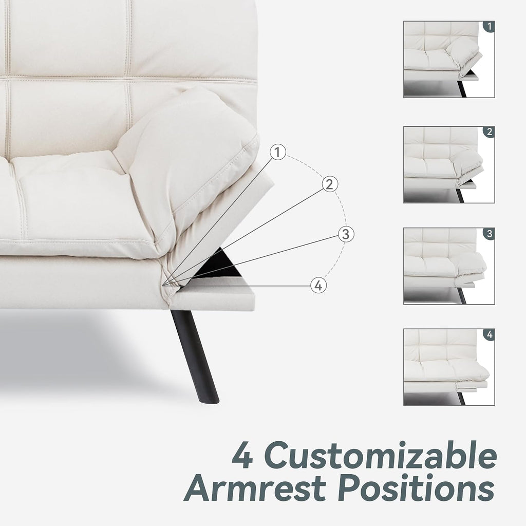 Vyfipt Convertible Futon Sofa Bed, White Faux Leather Futon Couch with Adjustable Backrest & Armrests, Folding Small Recliner Sleeper Sofa Bed for Living Room, Apartment, Office