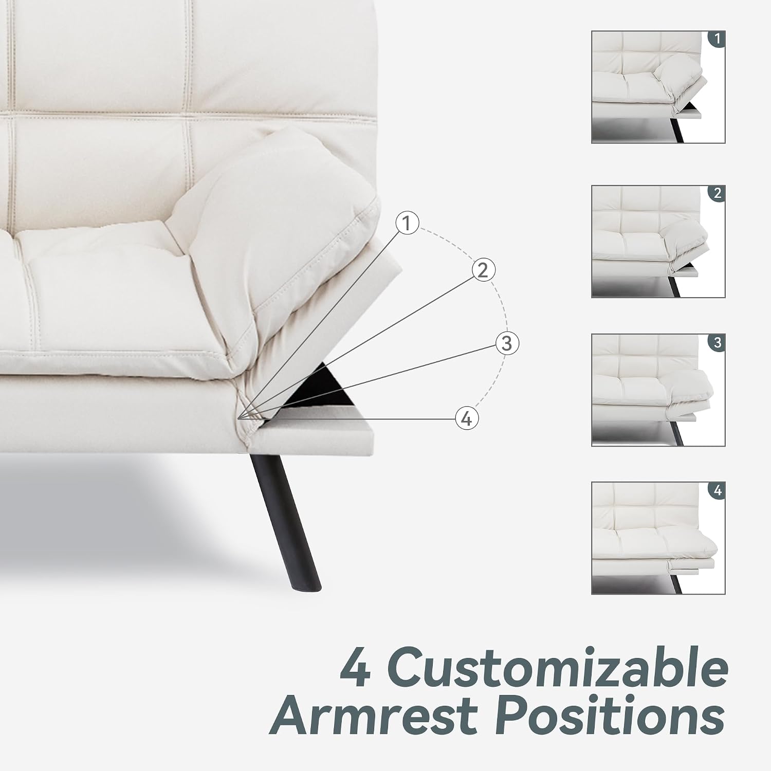 Vyfipt Convertible Futon Sofa Bed, White Faux Leather Futon Couch with Adjustable Backrest & Armrests, Folding Small Recliner Sleeper Sofa Bed for Living Room, Apartment, Office
