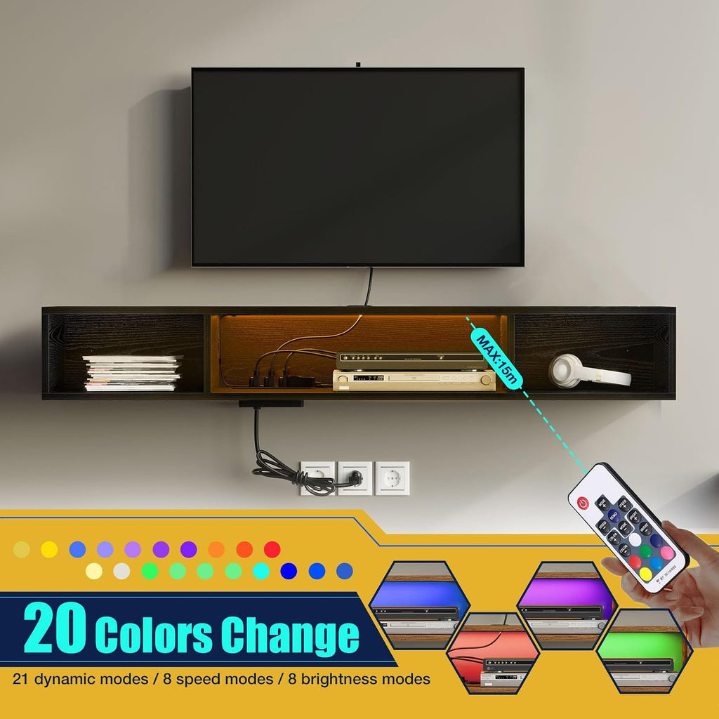 Rolanstar TV Stand with Power Outlet, Floating TV Stand with RGB Lights, 47.2' Wall Mounted TV Shelf, Black Media Console with Storage Shelf, Entertainment Under TV for Living Room, Bedroom