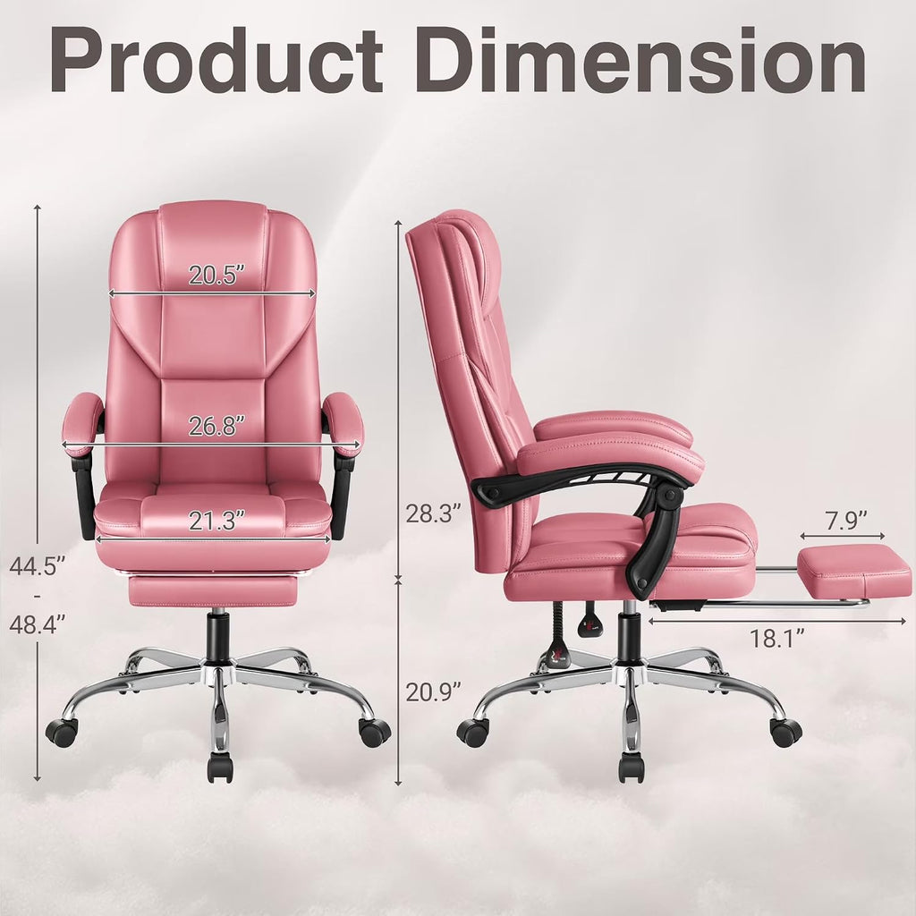 Shahoo Executive Office Chair with Massage, Ergonomic Reclining High Back Leather Seats with Footrest and Lumbar Support, Big and Tall, 400Lbs Heavy Duty, Pink
