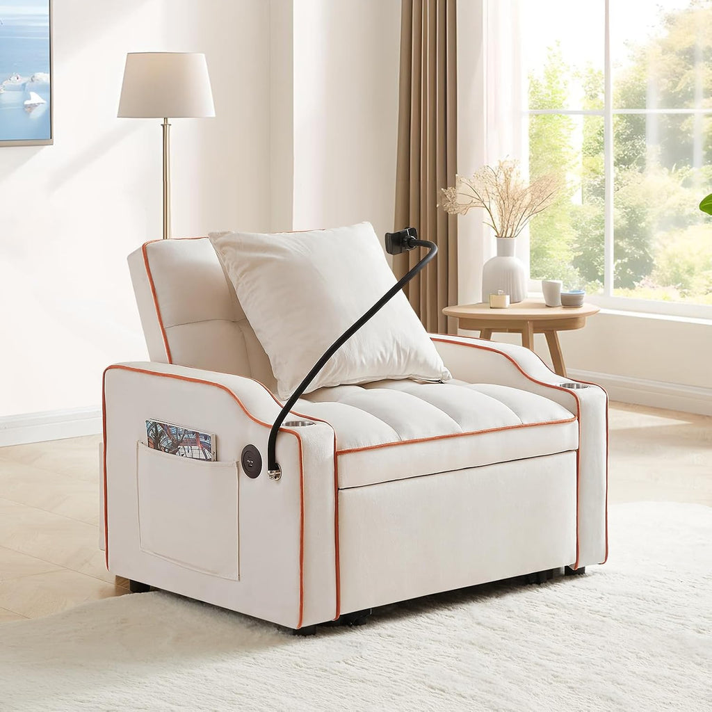 Convertible Sleeper Sofa Chair Bed, 3 in 1 Velvet Single Small Futon Sofa Bed with Phone Holder & USB Ports,Pull Out Couch Recliner with Adjustable Backrest for Living Room, Office, Small Place(Beige)