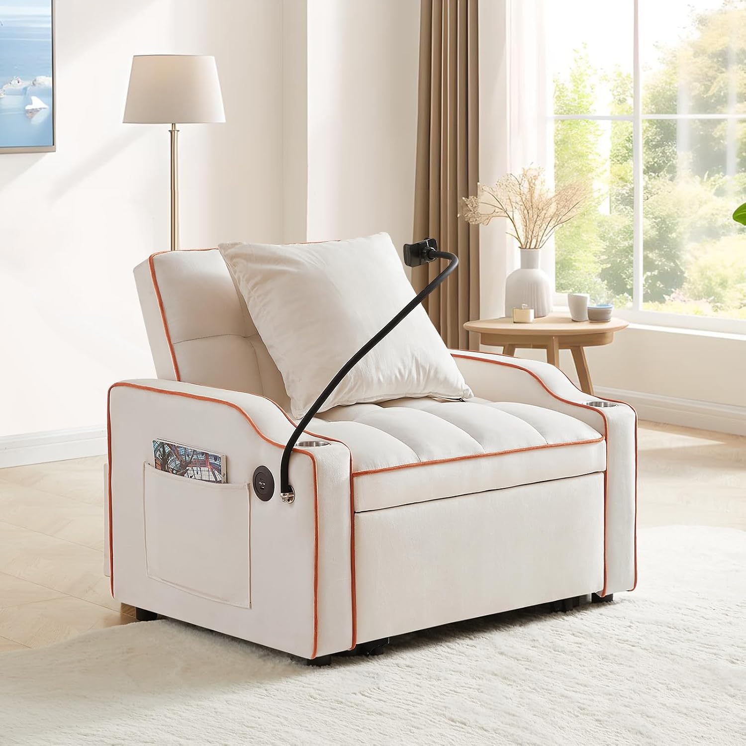 Convertible Sleeper Sofa Chair Bed, 3 in 1 Velvet Single Small Futon Sofa Bed with Phone Holder & USB Ports,Pull Out Couch Recliner with Adjustable Backrest for Living Room, Office, Small Place(Beige)