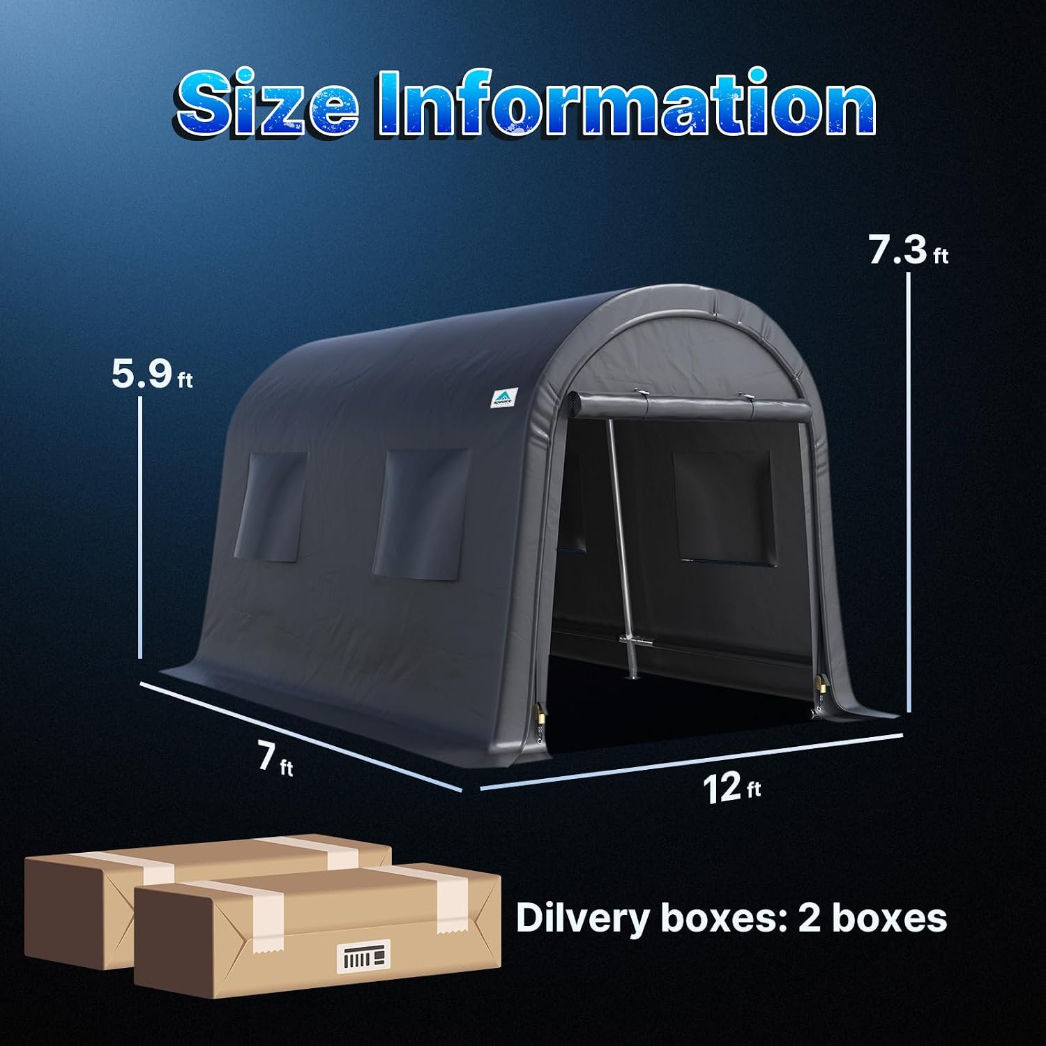 ADVANCE OUTDOOR 7x12 ft Shelter Storage Shed Steel Metal Round Peak Roof Portable Garage Carport for Motorcycle, Boat, or Garden Tools with 2 Roll up Doors & Vents, Gray