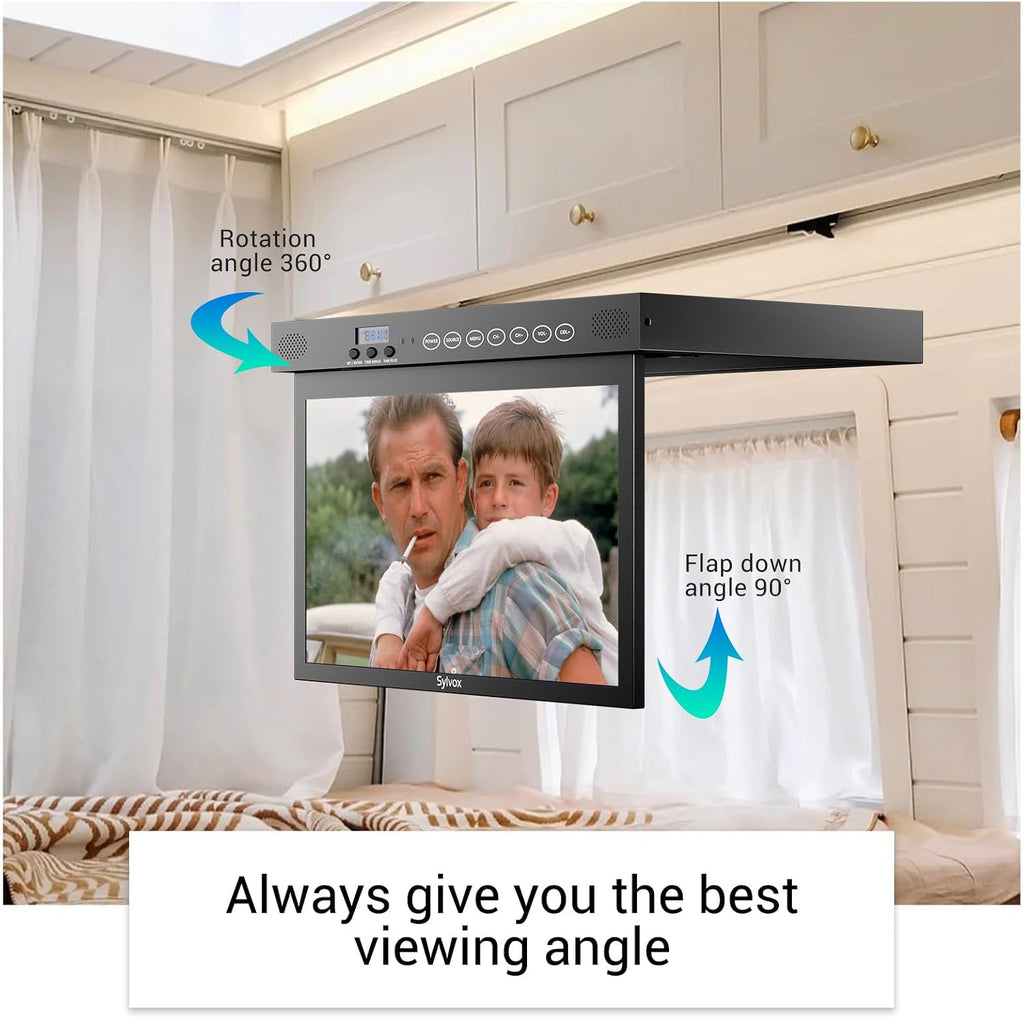 SYLVOX 15.6 inch Smart TV for Kitchen, 1080P Under Cabinet TVs, 12V Smart Google TV Rotated & Folded, Support Google Assistant WiFi Bluetooth, Small Television for Kitchen, Bedroom, RV Camper, Black