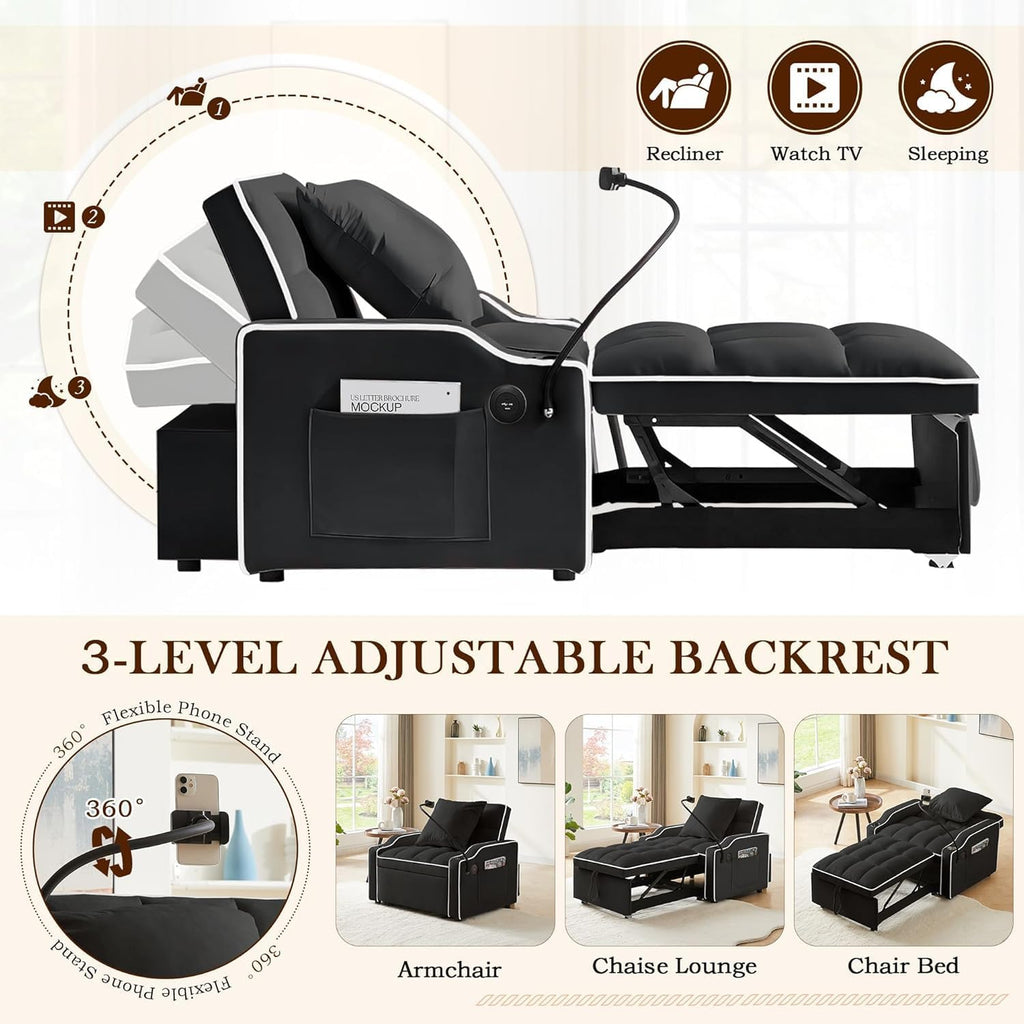 3-in-1 Convertible Sleeper Sofa Bed Chair with Cup Holders & Phone Holder, Futon Chair Bed with Pull Out Couch Adjustable Backrest, Modern Velvet Chaise Lounge for Living Room Bedroom (Black, 35.43')