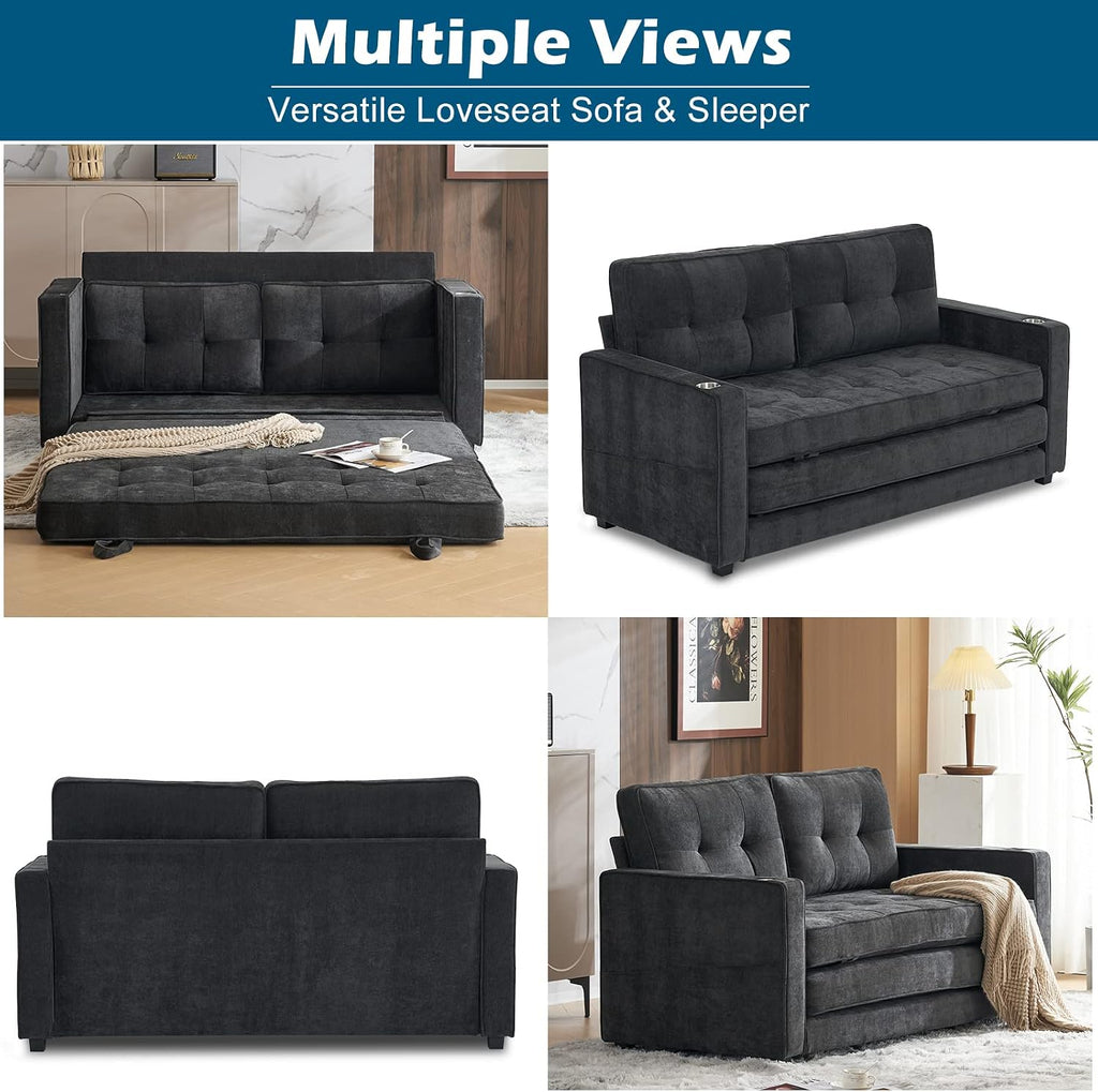 VINGLI Upgraded 64' W 84' L Full Size Futon Sofa Bed, 6' Thick Upholstery Chenille Loveseat Sofa Sleeper Pull Out Couch,Convertible Floor Couch for Living Room, Bedroom, Entertainment Room, Dark Grey