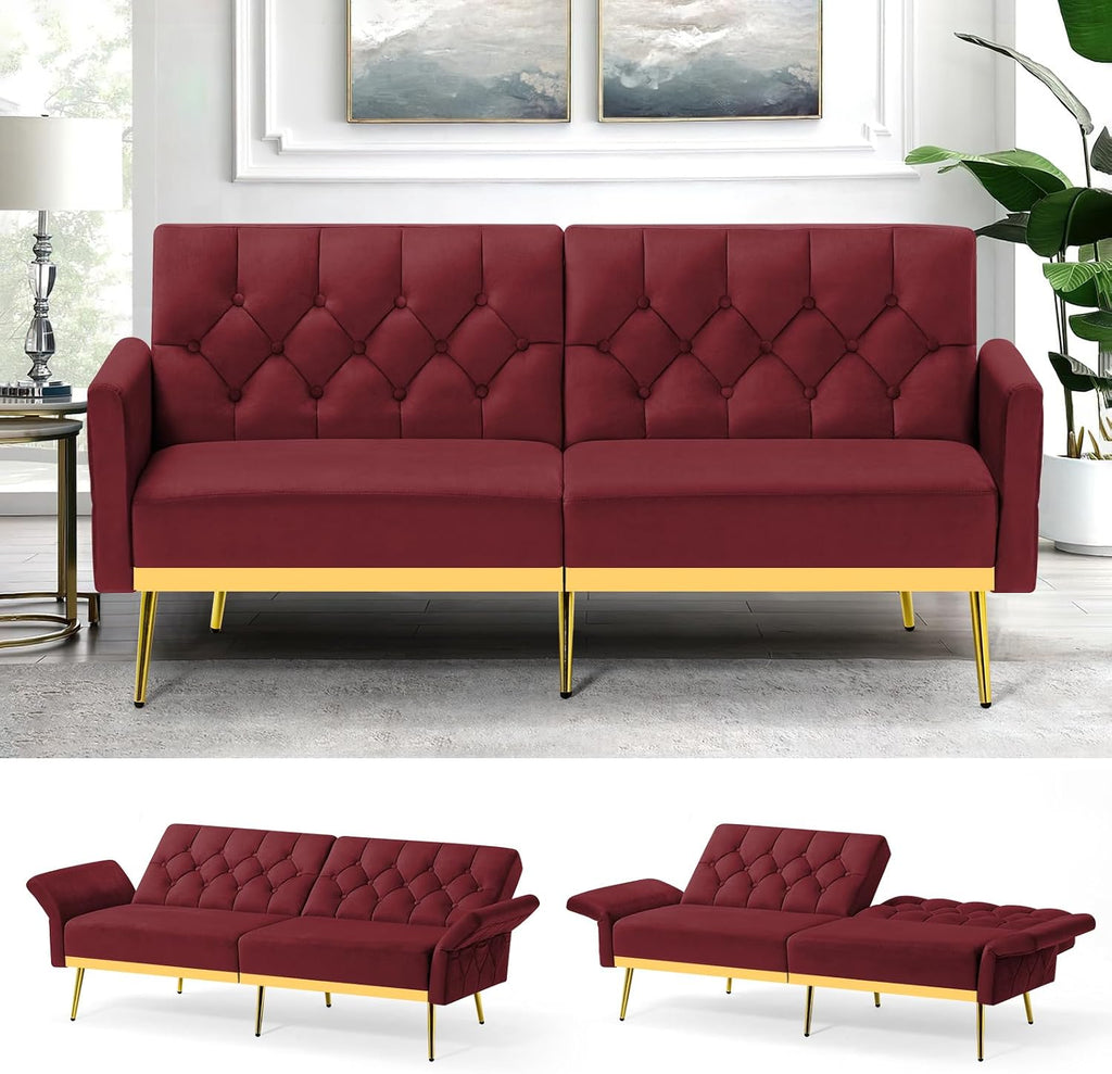 Velvet Sofa Bed w/Adjustable Armrests & Backrests, Modern Convertible Sleeper Sofa, Tufted Futon Sofa for Bedroom, Living Room, Apartment, Red
