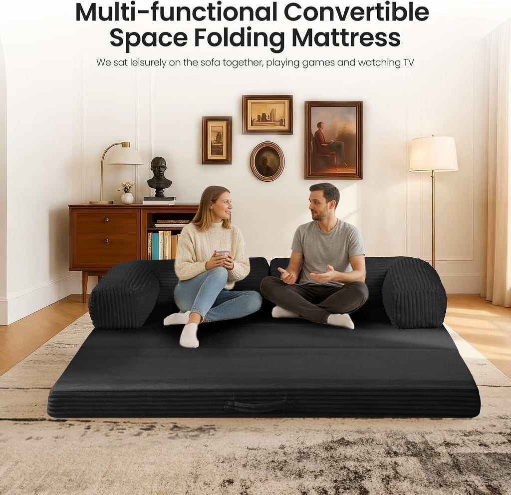 Tri-Fold Foldable Mattress, Convertible Folding Sofa Bed with Removable Arms & Washable Cover, All-in-One Portable Mattress Floor Sofa Bed, No Assembly Required & Non-Slip, Full Size, Black