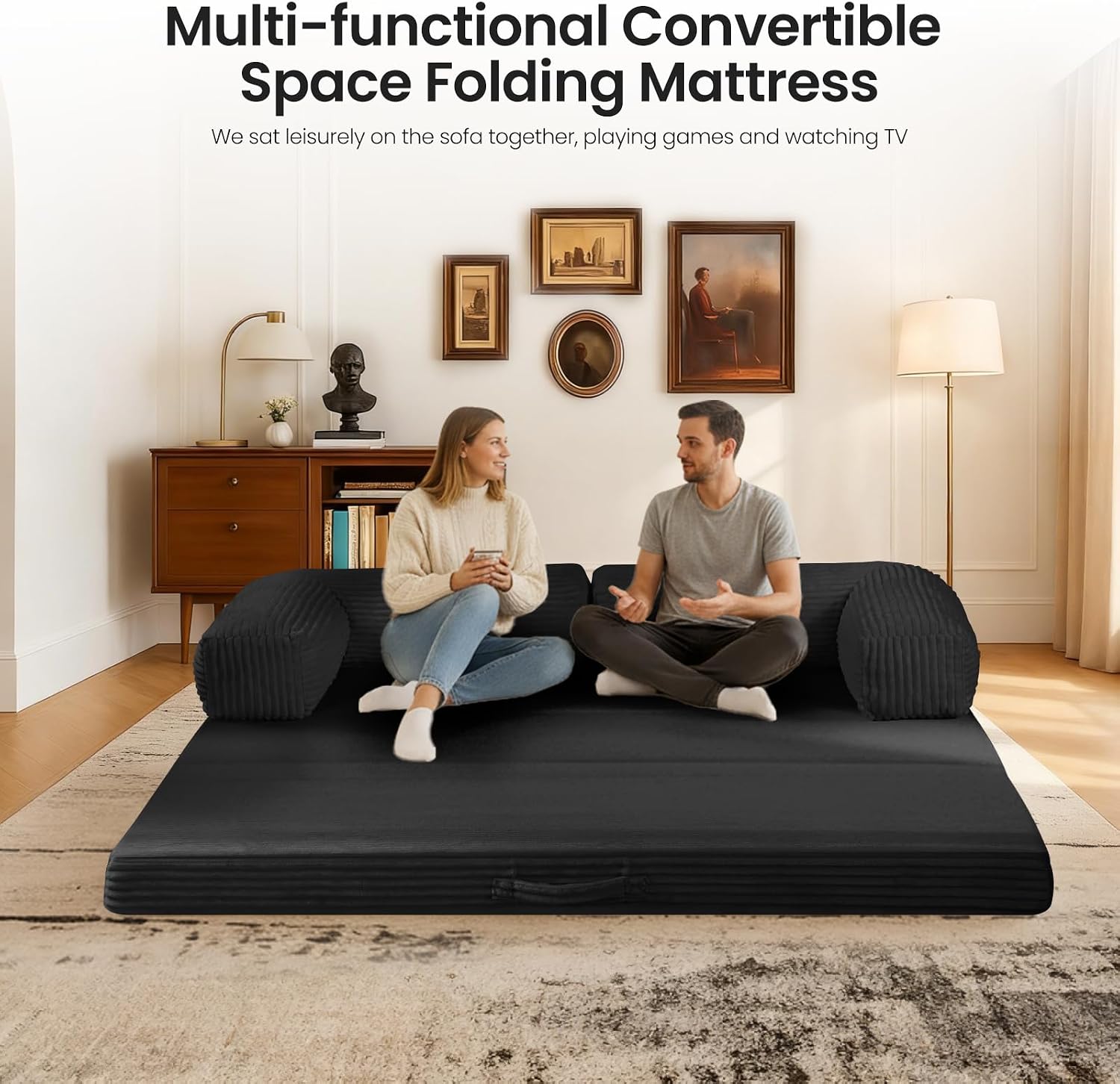 Tri-Fold Foldable Mattress, Convertible Folding Sofa Bed with Removable Arms & Washable Cover, All-in-One Portable Mattress Floor Sofa Bed, No Assembly Required & Non-Slip, Full Size, Black