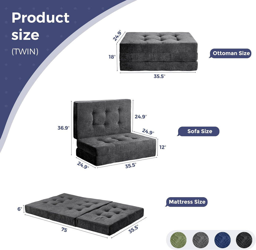 MAXYOYO 6' Folding Sofa Bed for Floor, Tufted Tri-Fold Floor Mattress with Chenille Fabric, Twin Size Portable Sofa Couch Guest Mat for Adults, Foldable Topper for Camping, Dark Grey, 35.4'x75'