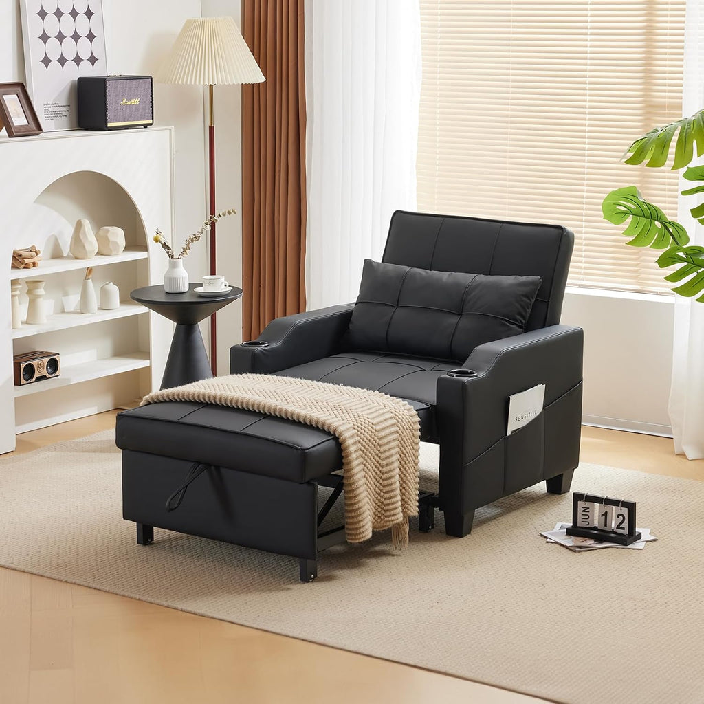 VINGLI Black Sleeper Chair Bed 3-in-1 Convertible Futon Sofa Bed Pull Out Couch Bed Adjustable Recliner Chair with USB Ports Cup Holders Side Pockets for Living Room Bedroom Small Spaces