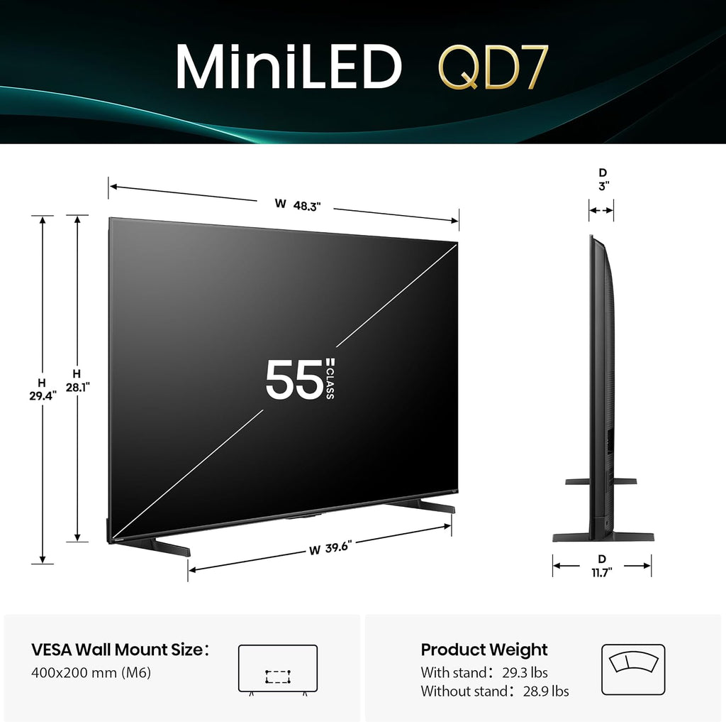 Hisense 55' Class QD7 Series Mini-LED 4K UHD Smart Fire TV (55QD7QF, 2025 Model) - QLED, HDR10+, Dolby Vision, Dolby Atmos, Game Mode Plus, ALLM, Alexa Built in with Voice Remote, Streaming TV, Black