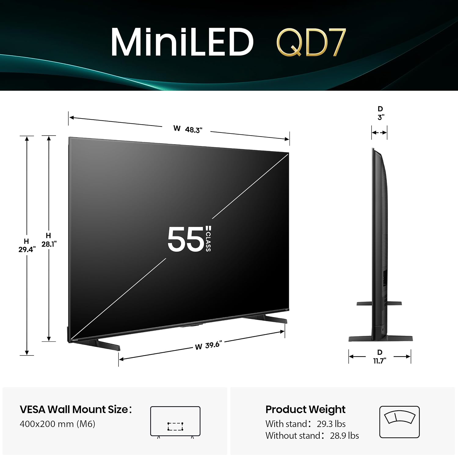 Hisense 55' Class QD7 Series Mini-LED 4K UHD Smart Fire TV (55QD7QF, 2025 Model) - QLED, HDR10+, Dolby Vision, Dolby Atmos, Game Mode Plus, ALLM, Alexa Built in with Voice Remote, Streaming TV, Black