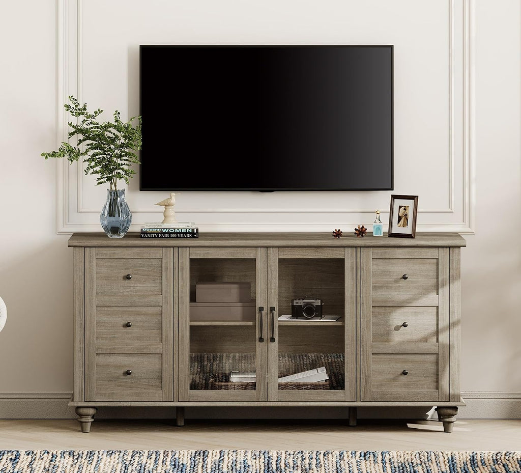 WAMPAT Glass Door Farmhouse TV Stand for TVs up to 65 inch, Wood TV Console Table with Storage Cabinets, Entertainment Center for 32-60 inch TV Console Cabinet, 58 Inch, Grey