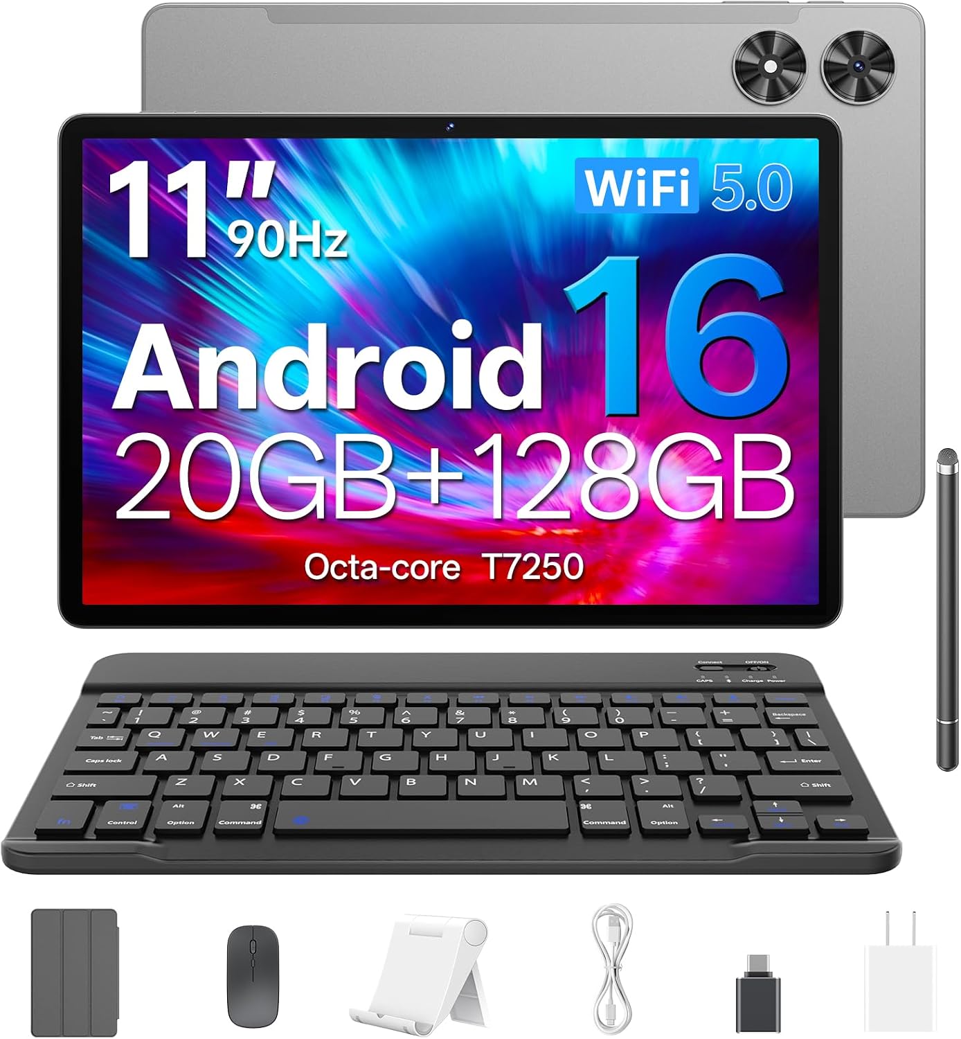 Android 16 Tablet, 2025 Upgraded 11 inch Android Tablets with Keyboard, 20GB+128GB+1TB Expand, Support Face Unlock+Widevine L1 Supported, Octa-Core CPU,Dual WiFi, Dual Camera,8800mAh Battery, Silver