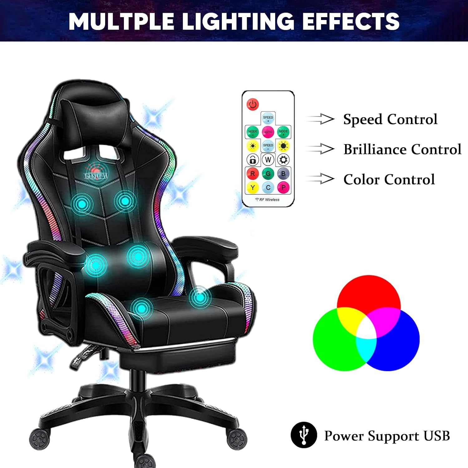 Computer Gaming Chair with LED Lights and Speakers PU Leather Office Chair with Lumbar Pillow Support and Footrest, Massage Gamer Chair High Back Video Game Chair for Adult Teens,White