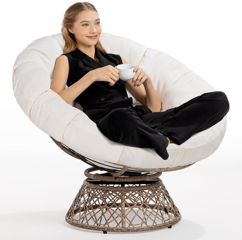 Bme 40' Ergonomic Wicker Papasan Chair with Soft Thick Cushion & Frame, 360° Swivel, Circle, Reading, Comfy Chair for Living Room, Bedroom