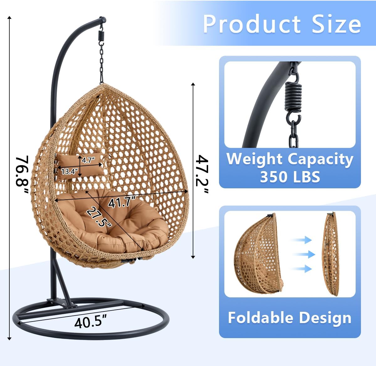 JUFU Egg Swing Chair with Stand,Hanging Egg Chair Indoor Outdoor,Hammock Hanging Basket Chair with Aluminum Steel Frame，Patio Egg Chair with Removable Cushions for Patio Balcony Backyard,Bedrooms