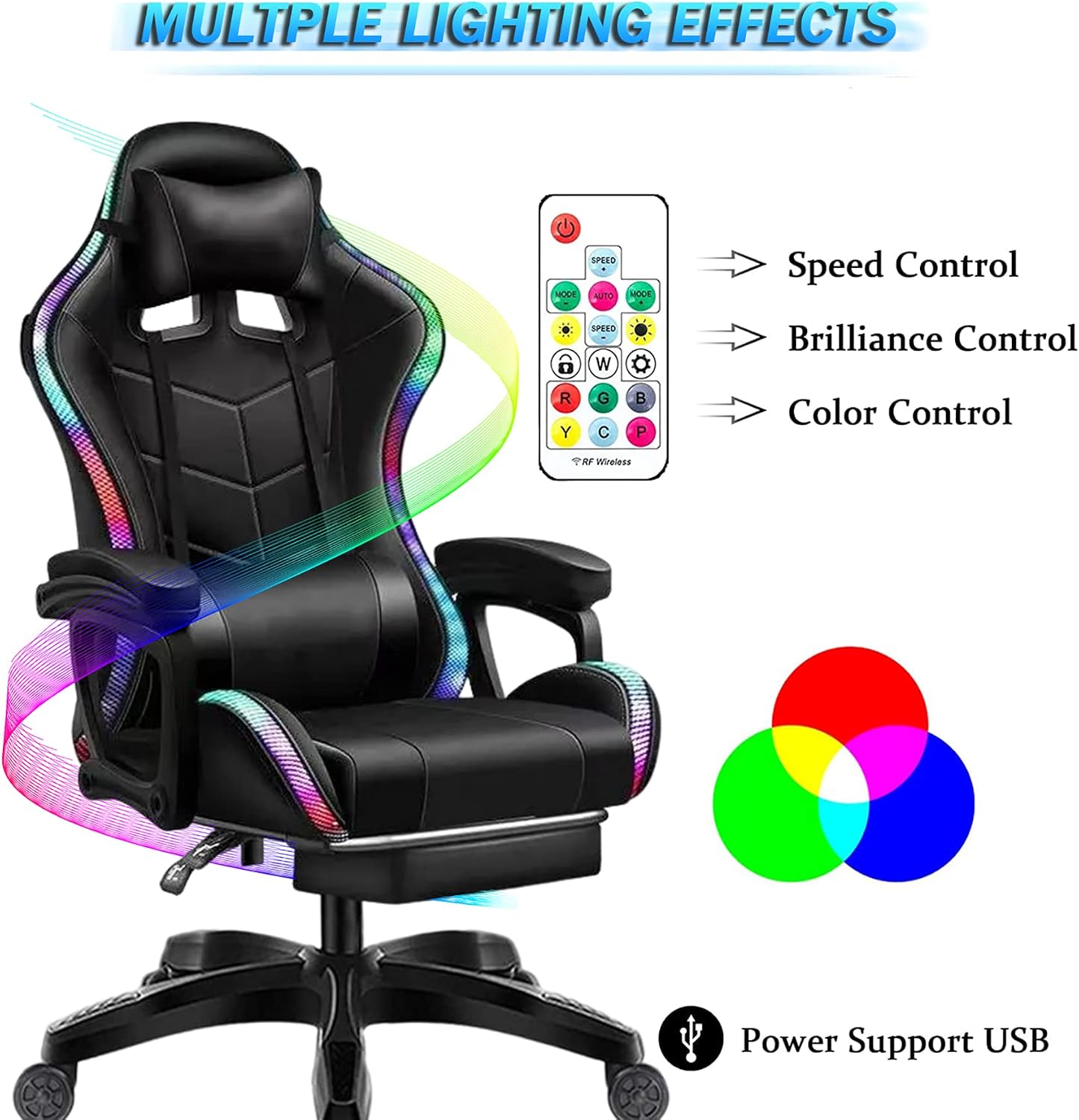 Gaming Chair with LED Light Ergonomic Video Game Chairs with Bluetooth Speakers Adjustable Armrest Height PU Leather Racing Chair Computer Office Swivel Chair for Adult Teens,White