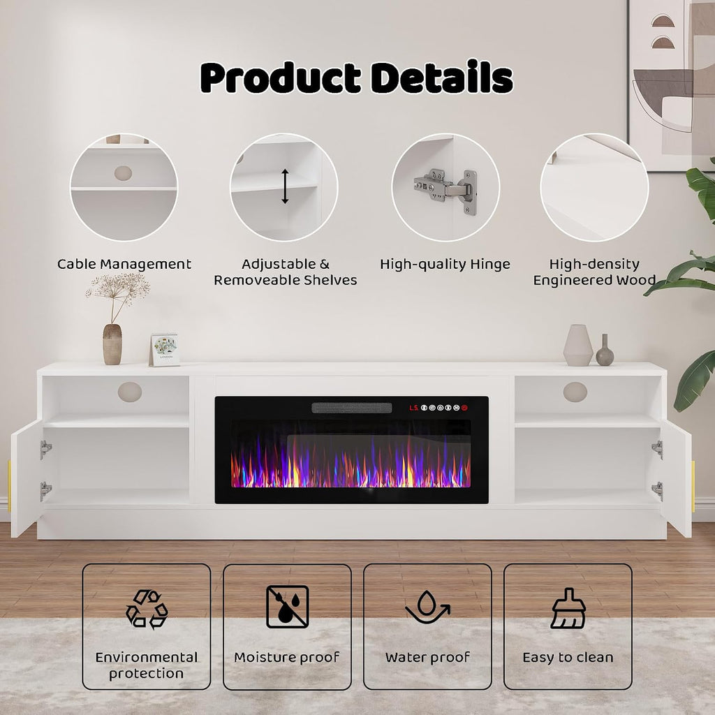 Lemberi Fireplace tv Stand with 36 inch Fireplace Up to 90' TVs, LED Light Entertainment Center and Storage, 80' Modern Wood Media TV Console with Highlight Cabinet for Living Room (White)