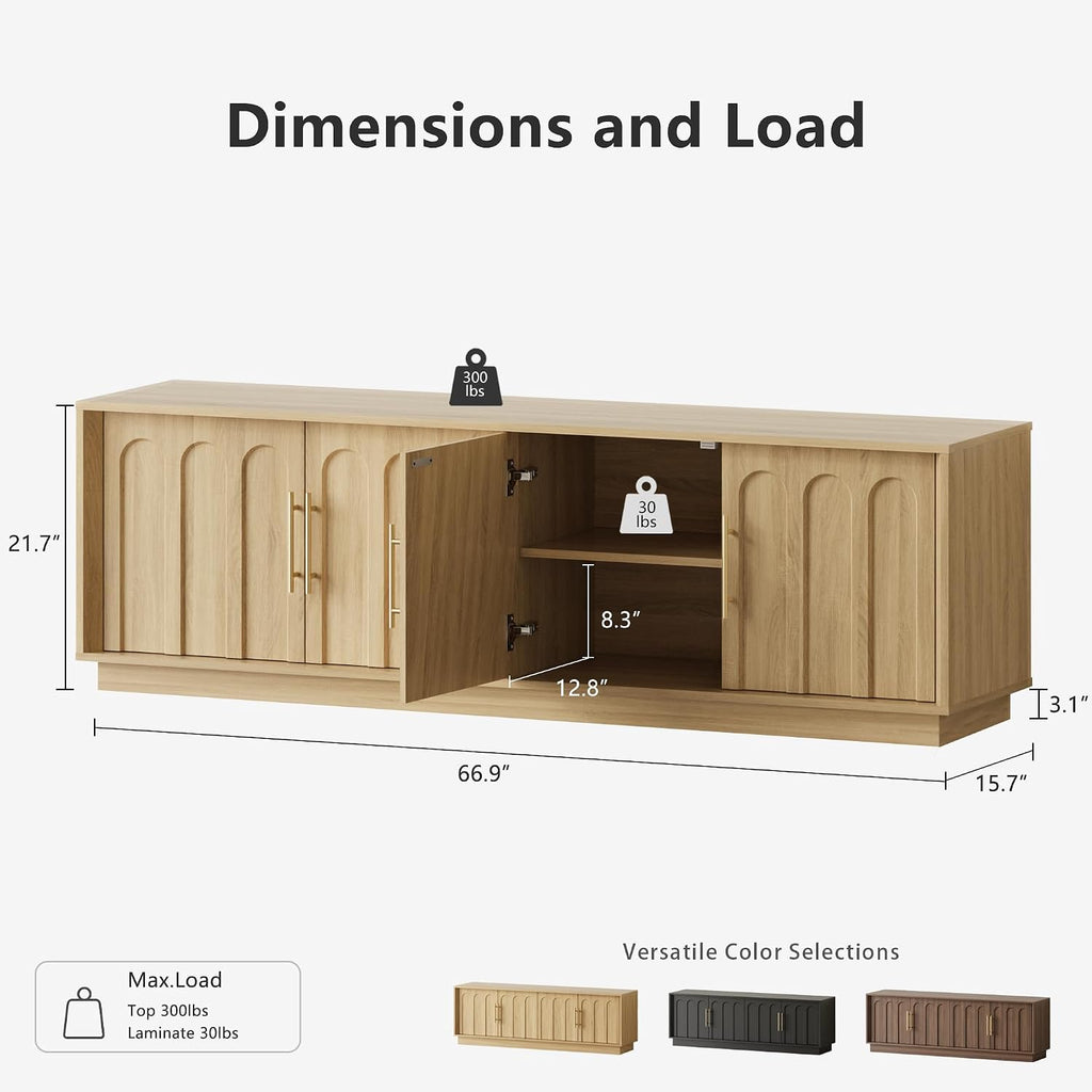 FORTUNETEC TV Stand for 75 Inch TV, Mid Century Modern TV Stand with Arched Design, Wood Grain Finish, Boho Media Console with Adjustable Shelves, 67' Entertainment Center for Living Room Bedroom, Oak