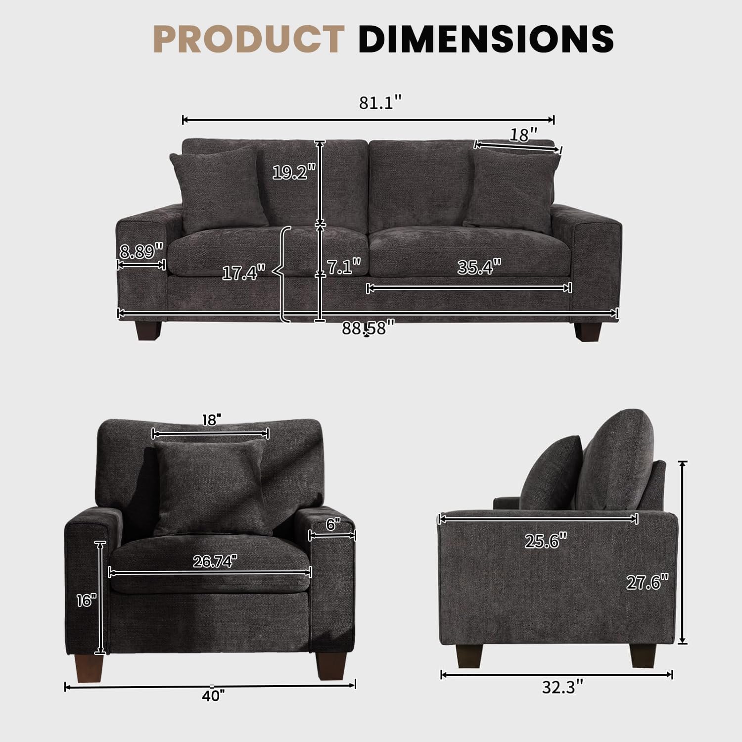 DOPEDIO Modern Living Room Sofa Set, 88.58' Chenille Loveseat with 2 Accent Chairs, Removable Covers, Spring Cushions, Solid Wood Frame, Easy Assembly（88.58inch+2 Single,Dark Grey）