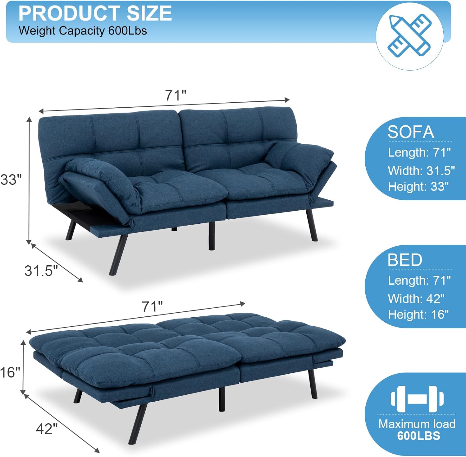 MUUEGM Futon Sofa Bed Couch Sofa, Memory Foam Futon Sleeper Sofa Loveseat Convertible Couch Bed for Small Compact Spaces, Apartment, Blue.