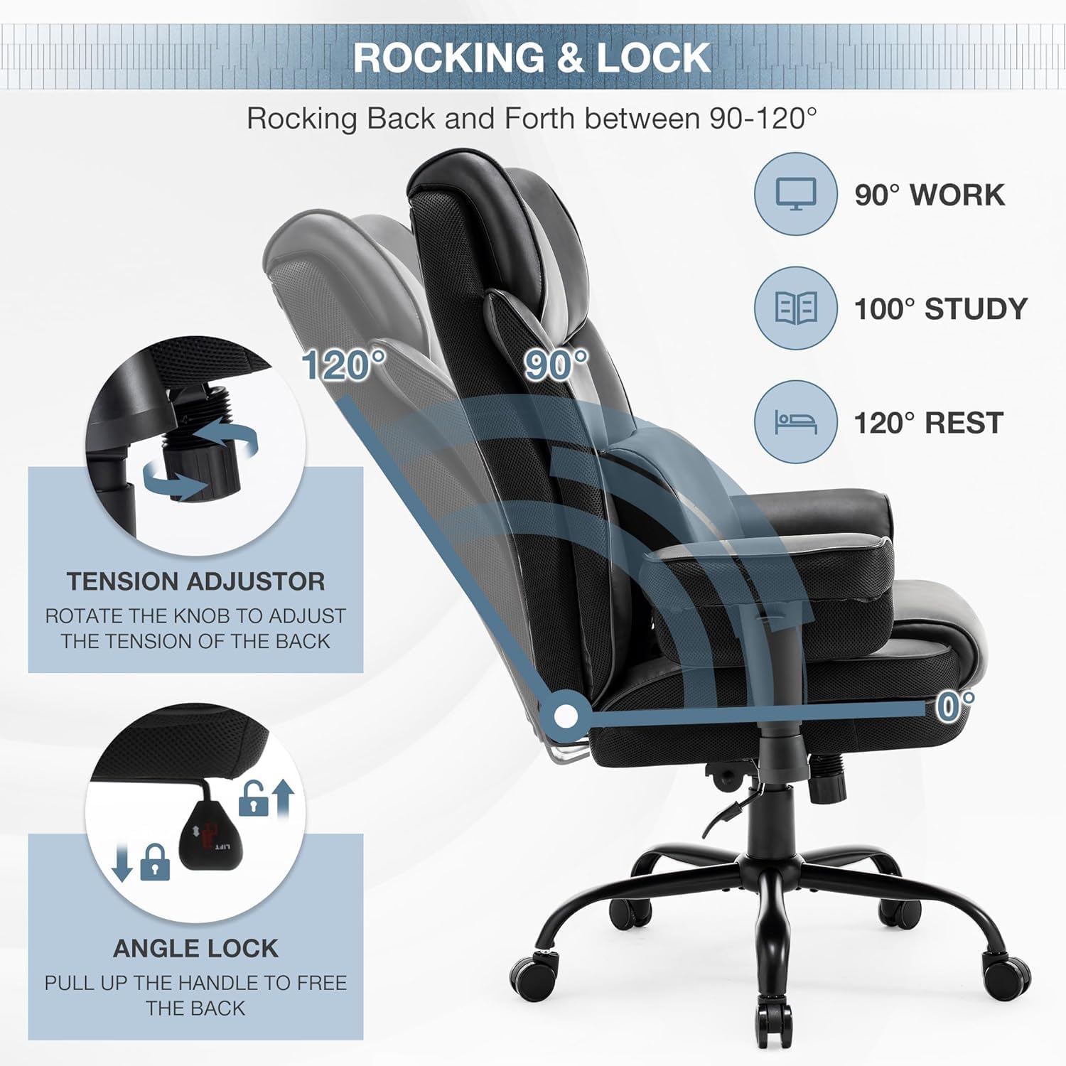 Ergonomic Office Chair with Massage Lumbar Support, 400 lbs High Back Swivel Rolling Desk Chairs, Adjustable Gaming Computer Chairs for Adults, Comfy Home Office Furniture for Bedroom Study,Black