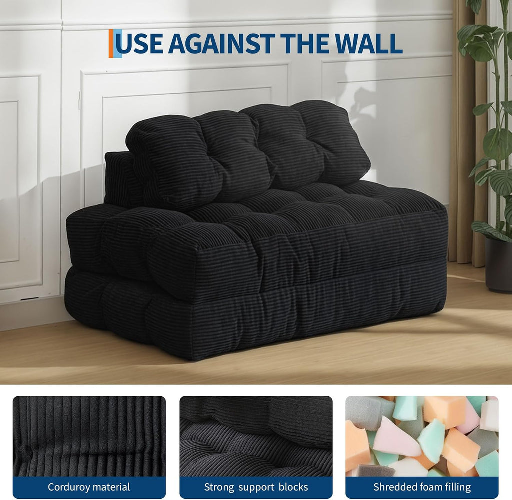 Folding Sofa Bed, 3-in-1 Convertible Sleeper Chair with Pillow, Double Futon Couch Bed with Back Support, Portable Fold Out Chair Bed Comfy Floor Sofa Lounge for Living Room Bedroom, Black