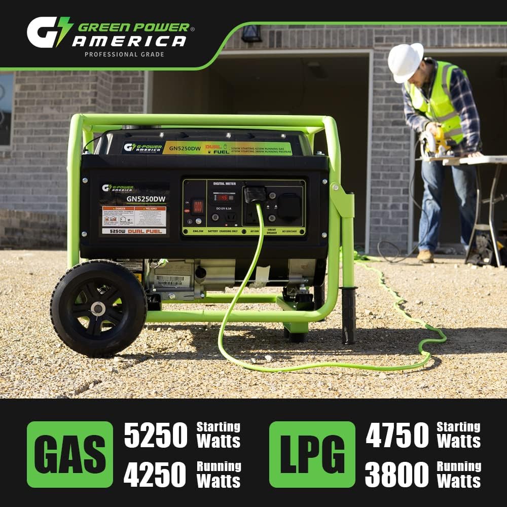 Green-Power America 5250W Dual Fuel Portable Generator - Gas or Propane Powered - Heavy-Duty 223cc Engine - Home Backup & RV Ready - 120V/240V AC Output - 4250 Running Watts