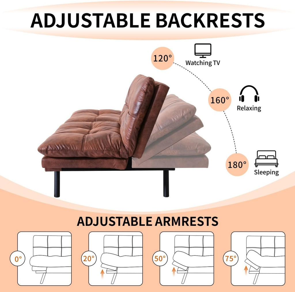 MUUEGM Futon Sofa Bed 71' Walnut Convertible Memory Foam Futon Couch Bed Modern Loveseat Sleeper with Adjustable Backrests Armrests for Living Room,Small Space,Office