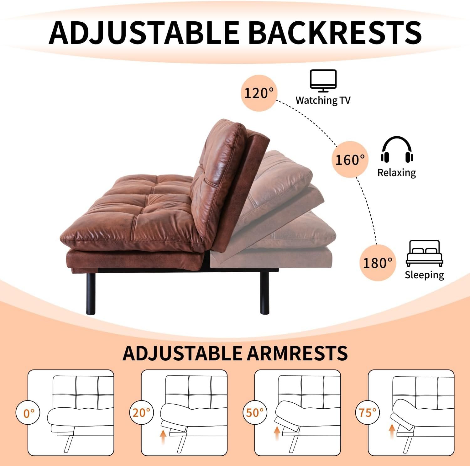 MUUEGM Futon Sofa Bed 71' Walnut Convertible Memory Foam Futon Couch Bed Modern Loveseat Sleeper with Adjustable Backrests Armrests for Living Room,Small Space,Office