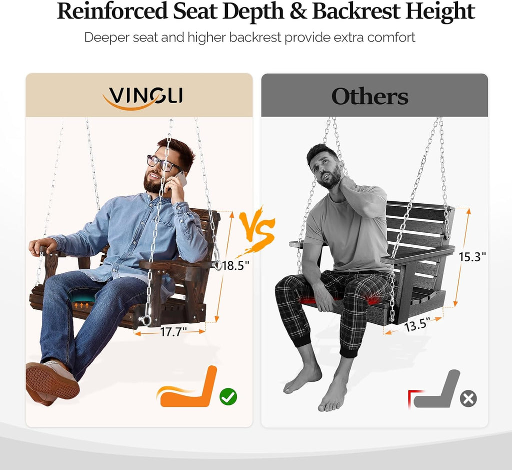 VINGLI Heavy Duty 440 LBS 1-Person Wooden Patio Porch Swing with Deeper Seat & Higher Backrest & Extra Cup Holder for Adults & Kids, Outdoor Single Porch Swing for Porch, Yard, Balcony, Tree (Rustic)