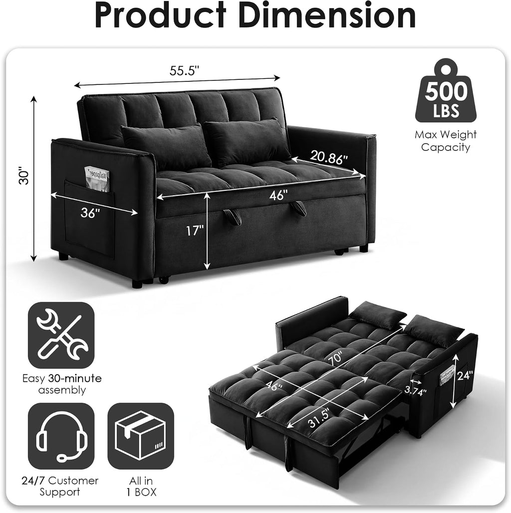 3 in 1 Convertible Sleeper Sofa Bed, 55' Pull Out Couches, Modern Loveseat Sleeper Sofa with Adjustable Reclining Backrest & Side Pockets for Living Room, Velvet Fabric, Black