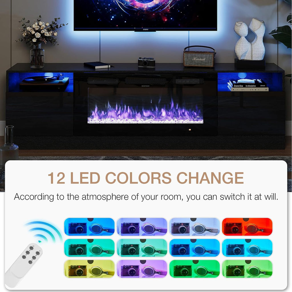 oneinmil Fireplace TV Stand with 36' Electric Fireplace, LED Light Entertainment Center, Modern Wood Texture Entertainment Stand with Highlight Storage Cabinet for TVs Up to 80', 70 inches, Black