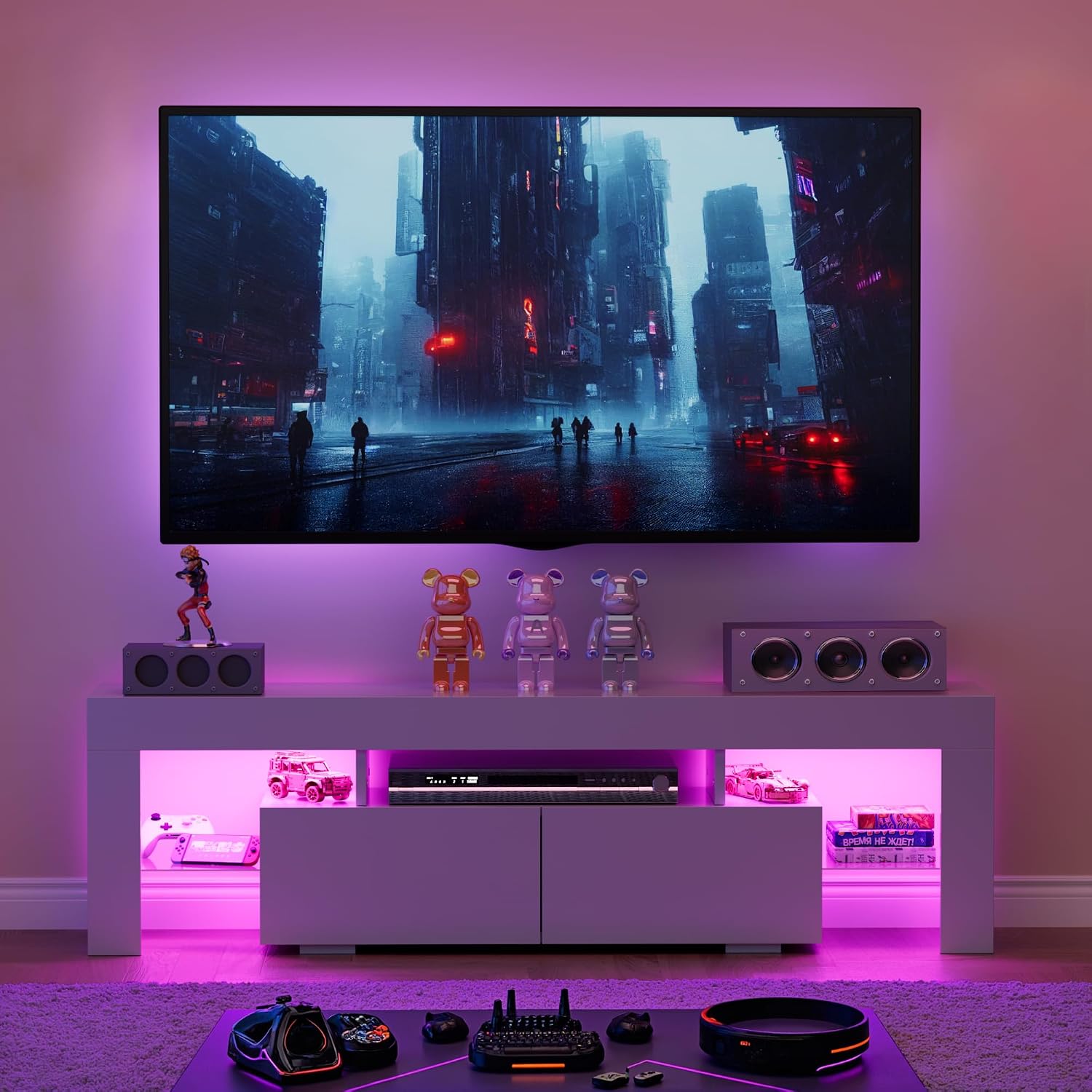 YESHOMY Modern LED TV Stand for Televisions up to 70 Inch with Glass Shelves and Drawer, Gaming Entertainment Center with Multiple Dynamic RGB Modes, for Livingroom, Bedroom, 60 Inch, Pearl White