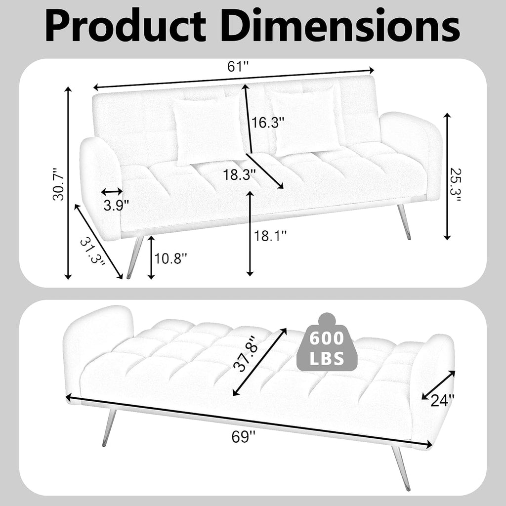 Comfy Futon Sofa Bed with 2 Pillows, White Futon Couch Bed with Gold Legs, Small Convertible Sofa Bed Couch for Living Room, Modern Loveseat for Bedroom, Curved Arms, Plush Tufted-Shaped,Teddy (Beige)