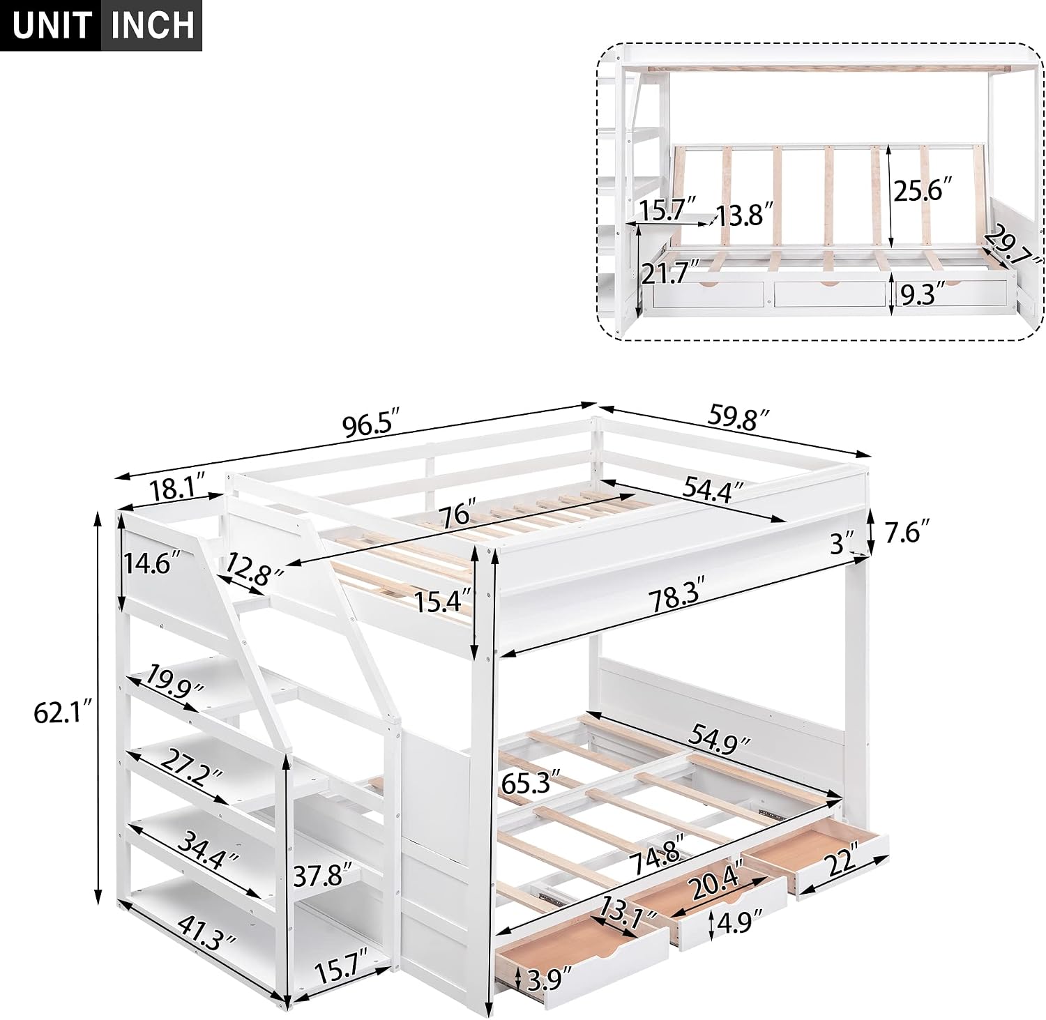Harper & Bright Designs Full Over Full/Futon Bunk Beds with Stairs and 3 Drawers, Built-in Shelf, Bottom Bed can be Converted into Daybed, Solid Wood Bunk Bed Frame (White)