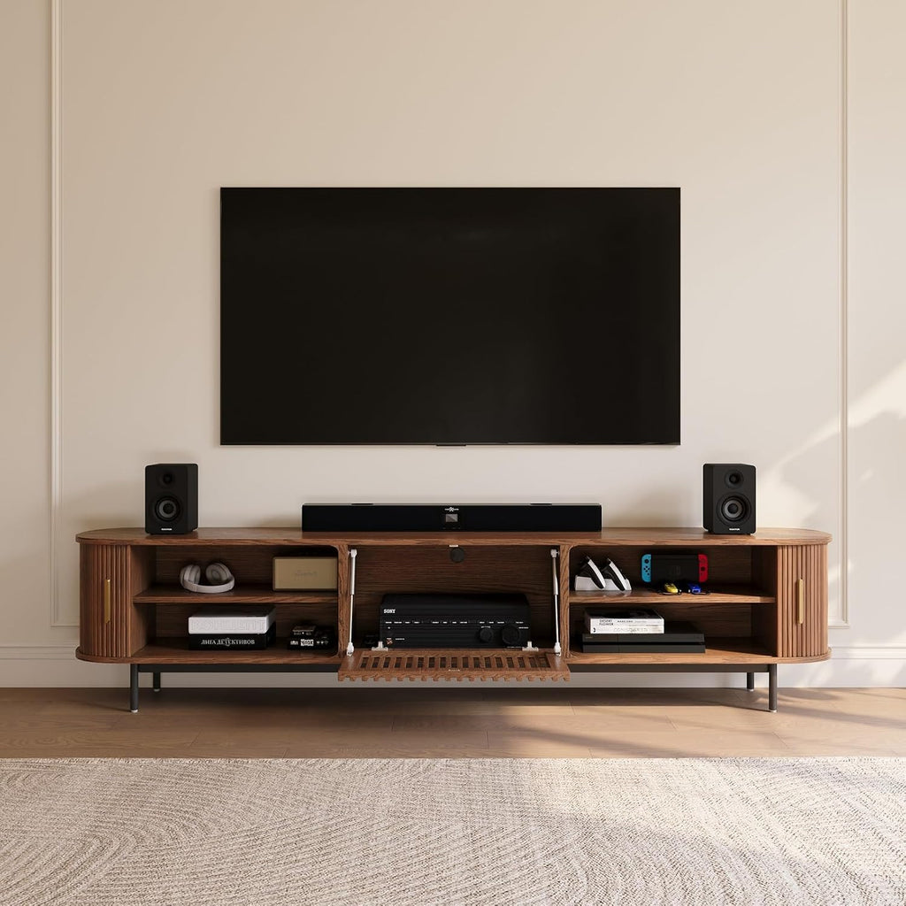 POVISON Fully-Assembled Mid Century Modern TV Stand for 75+ inch TV, Sliding Door Entertainment Center with Storage, Wood TV Console, Media Console for Living Room Bedroom(Walnut, 94.49')