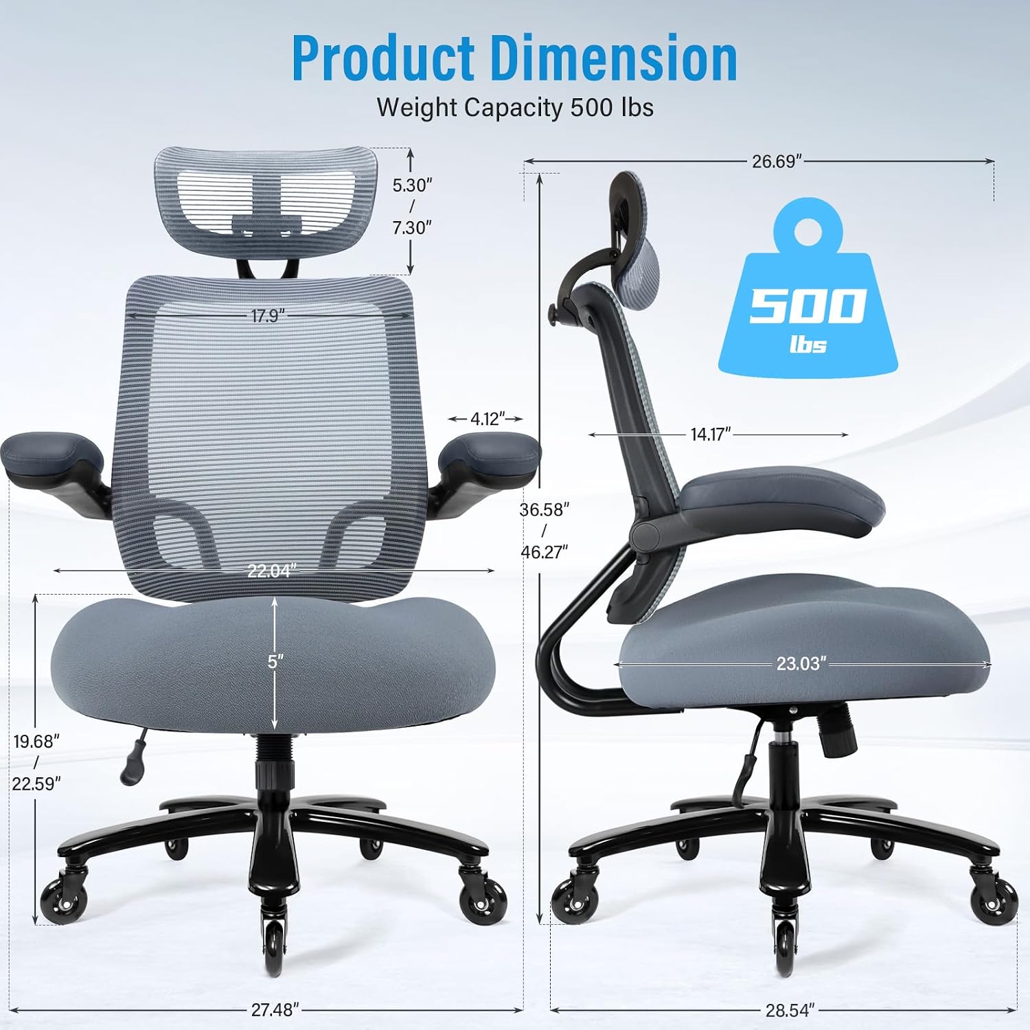 500lbs Big and Tall Office Chair - Heavy Duty Mesh Ergonomic Desk Chair with Headrest, High Back Computer Chair - Flip-up Armrests, Wide Thick Seat Cushion, Quiet Wheels, Grey