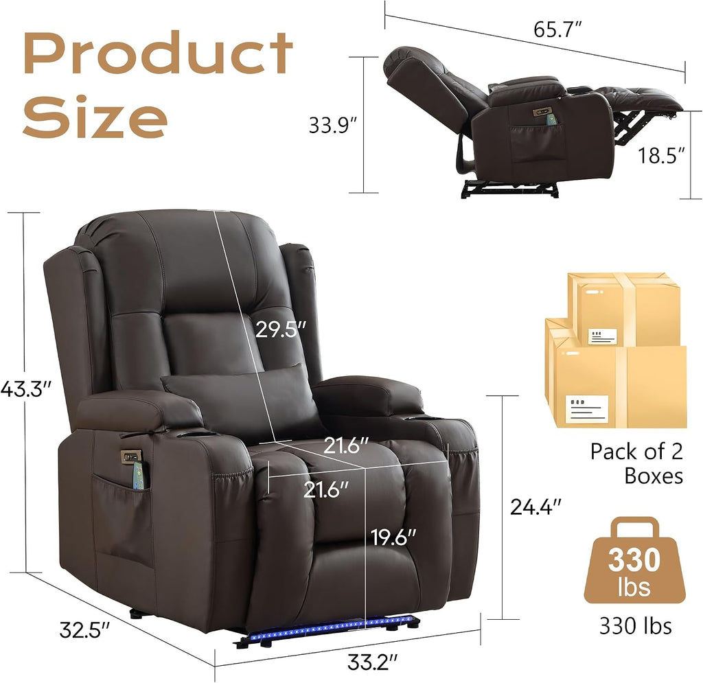 URRED Recliner Chair with Massage and Heat, Power Reclining Sofa Chair Home Theater Seating with LED Ambient Light, USB Ports, Cup Holders, Side Pockets, Faux Leather (Brown, Set of 1)