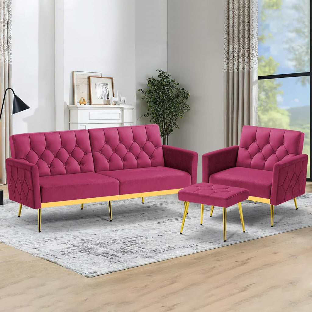 2 Pieces Velvet Sofa Set w/Adjustable Armrests and Backrests, Tufted Accent Chair w/Ottoman, Convertible Futon Sofa Bed for Bedroom, Living Room, Apartment, Fuchsia